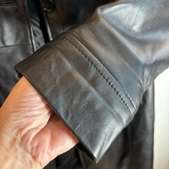 DANIER Sz L Long Line Button Closure Leather Jacket With Pockets and Funnel Neck - Picture 6 of 11